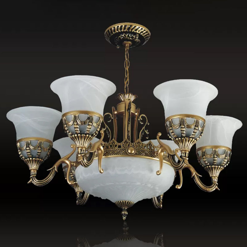 Flared Shade Alabaster Glass Chandelier Traditional 9 Heads Dining Room Suspension Light in Bronze Clearhalo 'Ceiling Lights' 'Chandeliers' Lighting' options 1969770