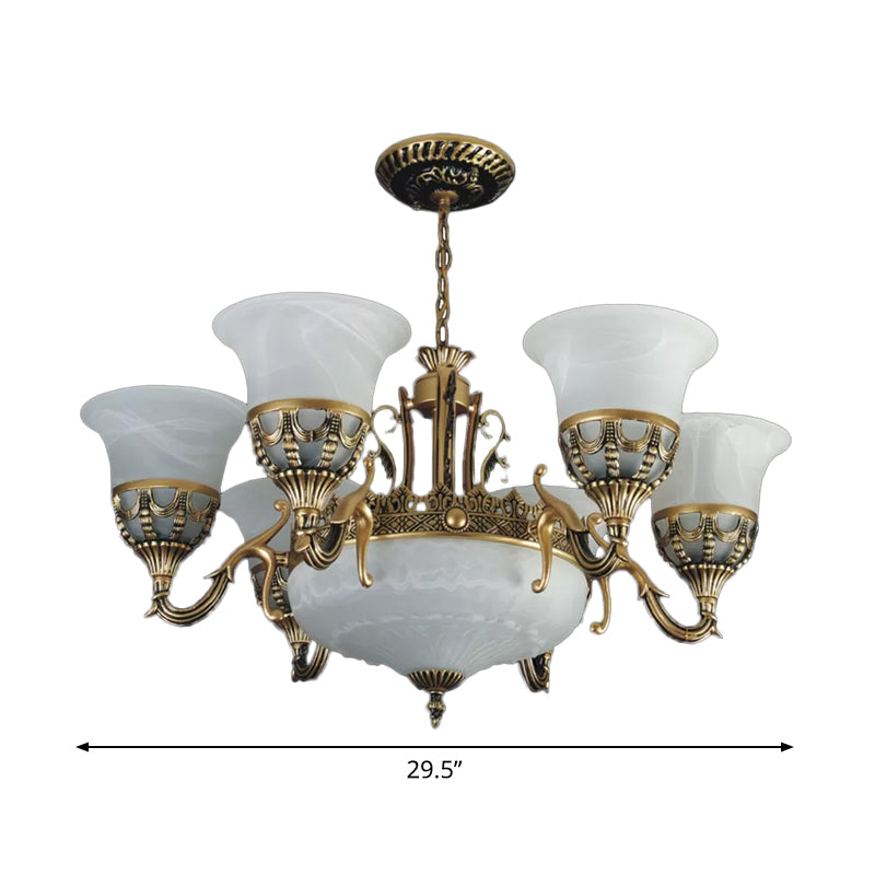 Flared Shade Alabaster Glass Chandelier Traditional 9 Heads Dining Room Suspension Light in Bronze Clearhalo 'Ceiling Lights' 'Chandeliers' Lighting' options 1969771