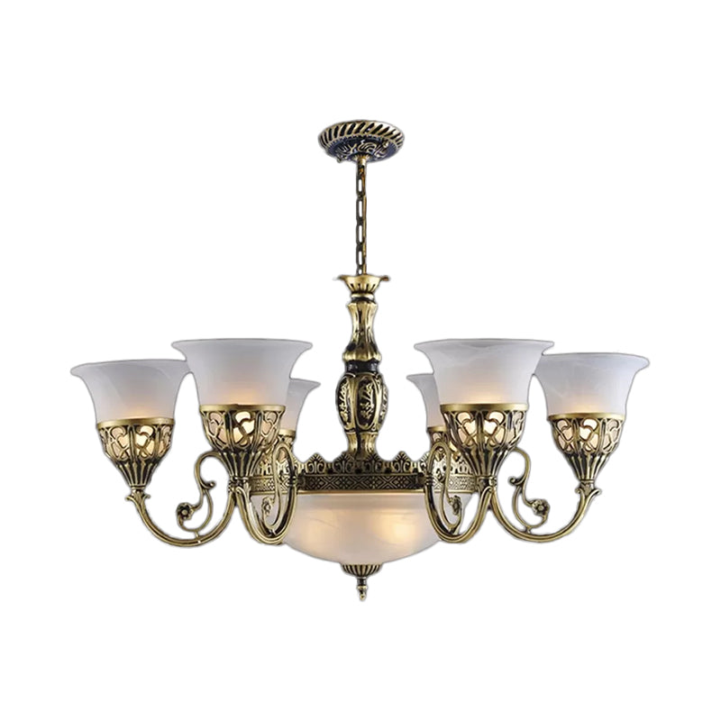 9 Bulbs Opal Frosted Glass Pendant Lamp Retro Bronze Flared Living Room Ceiling Chandelier Bronze Clearhalo 'Ceiling Lights' 'Chandeliers' Lighting' options 1969772_420c96a4-c76b-45b0-9a78-7d74a56f8145