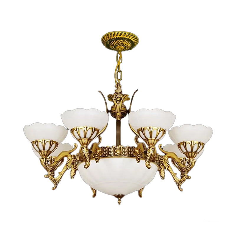 Brass 9 Lights Hanging Light Kit Traditional Milk Glass Scalloped Chandelier for Living Room Brass Clearhalo 'Ceiling Lights' 'Chandeliers' Lighting' options 1969775_06c074ee-b91f-4fd9-8d8a-a5dcac958e3e