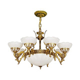 Brass 9 Lights Hanging Light Kit Traditional Milk Glass Scalloped Chandelier for Living Room Clearhalo 'Ceiling Lights' 'Chandeliers' Lighting' options 1969775