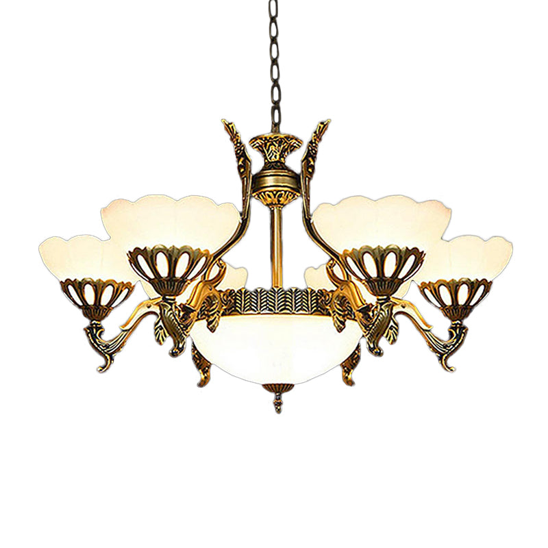 Scalloped Living Room Ceiling Pendant Traditional White Glass 9-Head Brass Finish Chandelier Clearhalo 'Ceiling Lights' 'Chandeliers' Lighting' options 1969778