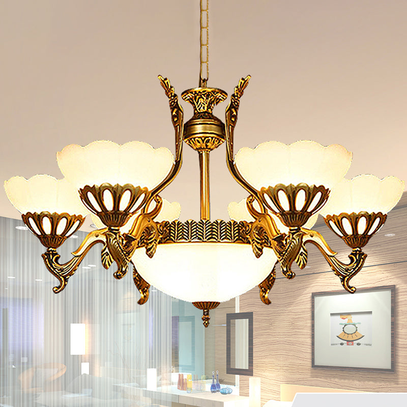 Scalloped Living Room Ceiling Pendant Traditional White Glass 9-Head Brass Finish Chandelier Clearhalo 'Ceiling Lights' 'Chandeliers' Lighting' options 1969779