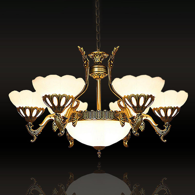 Scalloped Living Room Ceiling Pendant Traditional White Glass 9-Head Brass Finish Chandelier Clearhalo 'Ceiling Lights' 'Chandeliers' Lighting' options 1969780