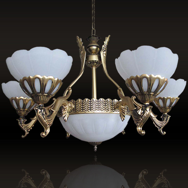 Scalloped Living Room Ceiling Pendant Traditional White Glass 9-Head Brass Finish Chandelier Clearhalo 'Ceiling Lights' 'Chandeliers' Lighting' options 1969781