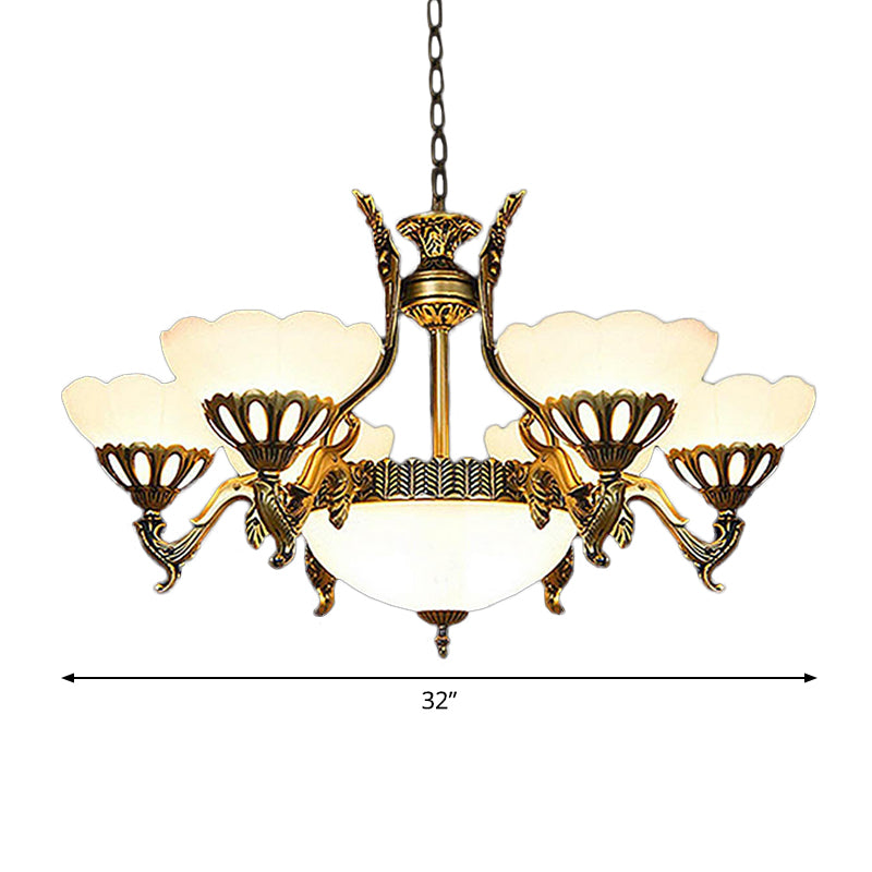 Scalloped Living Room Ceiling Pendant Traditional White Glass 9-Head Brass Finish Chandelier Clearhalo 'Ceiling Lights' 'Chandeliers' Lighting' options 1969782