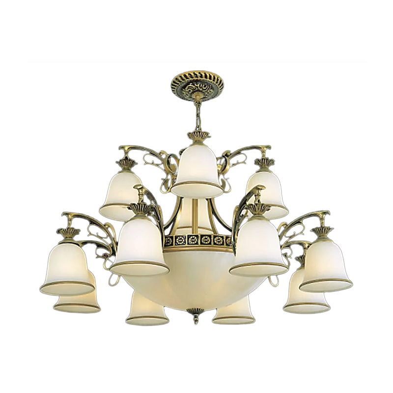 15-Light Chandelier Rustic Living Room Ceiling Hang Lamp with Tiered Bell Opal Glass Shade in Bronze Bronze Clearhalo 'Ceiling Lights' 'Chandeliers' Lighting' options 1969783_95226e29-38a6-456c-bd47-309a01e26e1d