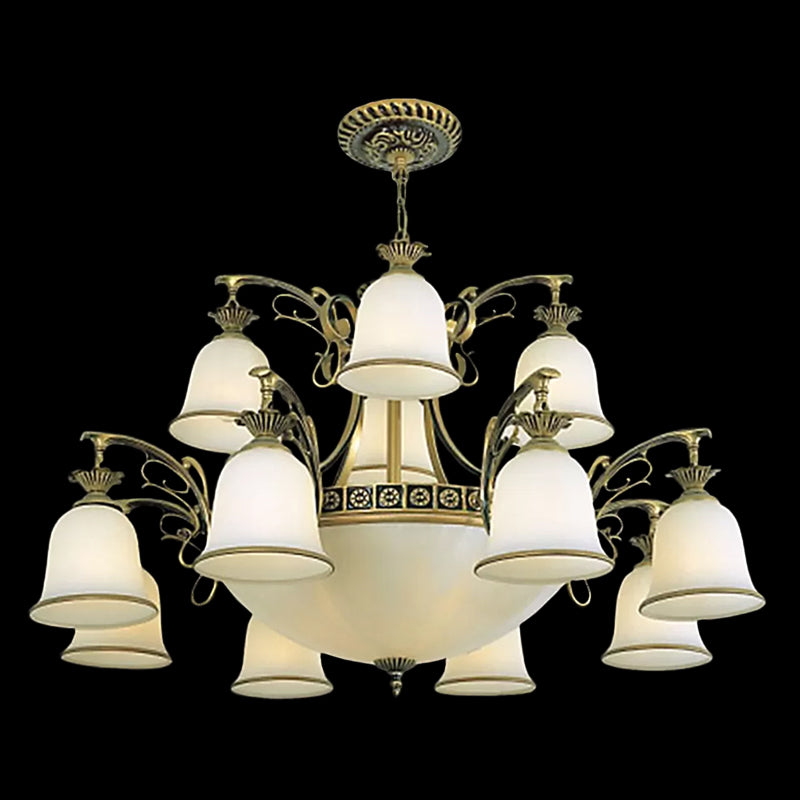 15-Light Chandelier Rustic Living Room Ceiling Hang Lamp with Tiered Bell Opal Glass Shade in Bronze Clearhalo 'Ceiling Lights' 'Chandeliers' Lighting' options 1969785