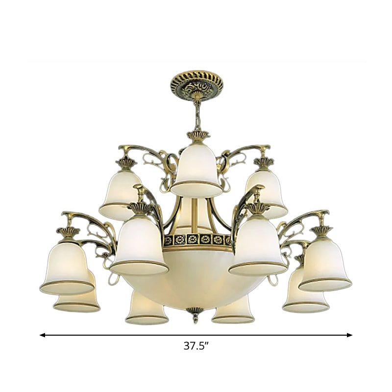 15-Light Chandelier Rustic Living Room Ceiling Hang Lamp with Tiered Bell Opal Glass Shade in Bronze Clearhalo 'Ceiling Lights' 'Chandeliers' Lighting' options 1969786