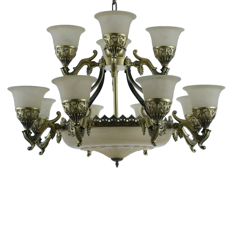 Bronze Bell Up Chandelier Light Traditional Opaline Glass 15 Bulbs Dining Room Pendant Light Clearhalo 'Ceiling Lights' 'Chandeliers' Lighting' options 1969787