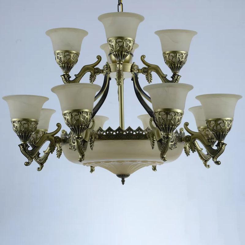 Bronze Bell Up Chandelier Light Traditional Opaline Glass 15 Bulbs Dining Room Pendant Light Clearhalo 'Ceiling Lights' 'Chandeliers' Lighting' options 1969788