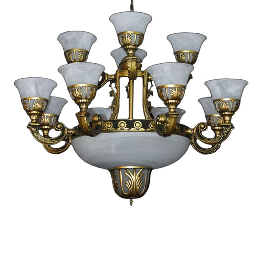 Traditional Style Bell Chandelier 15 Heads Alabaster Glass Up Hanging Ceiling Light in Brass Clearhalo 'Ceiling Lights' 'Chandeliers' Lighting' options 1969790