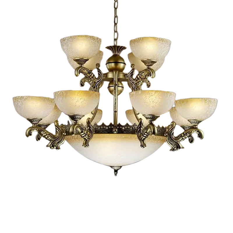 Frosted Patterned Glass Bowl Drop Lamp Rustic 15-Light Living Room Ceiling Chandelier in Bronze Clearhalo 'Ceiling Lights' 'Chandeliers' Lighting' options 1969793