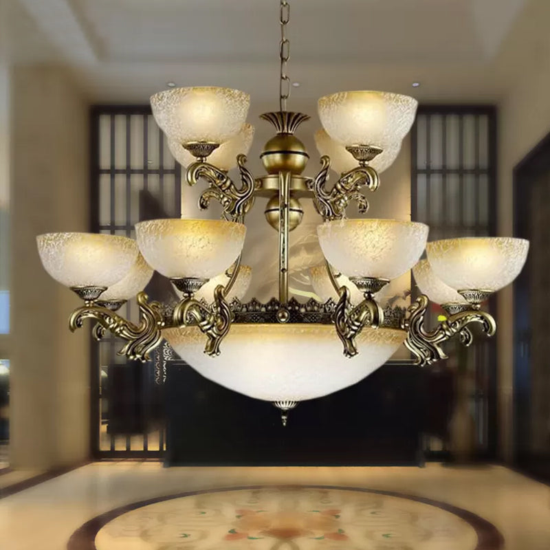 Frosted Patterned Glass Bowl Drop Lamp Rustic 15-Light Living Room Ceiling Chandelier in Bronze Clearhalo 'Ceiling Lights' 'Chandeliers' Lighting' options 1969794