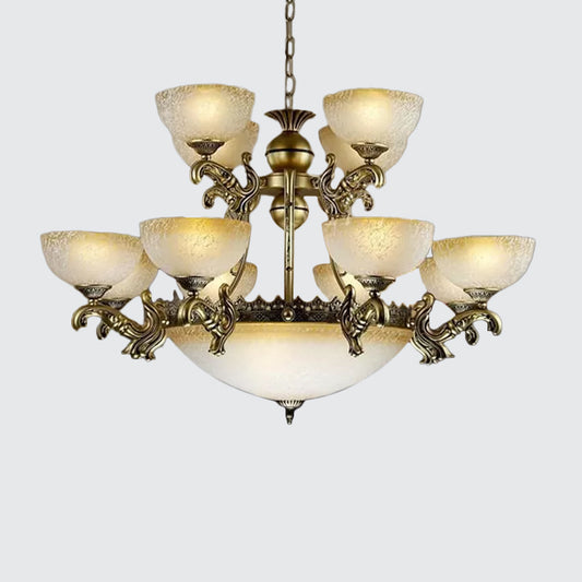 Frosted Patterned Glass Bowl Drop Lamp Rustic 15-Light Living Room Ceiling Chandelier in Bronze Clearhalo 'Ceiling Lights' 'Chandeliers' Lighting' options 1969795