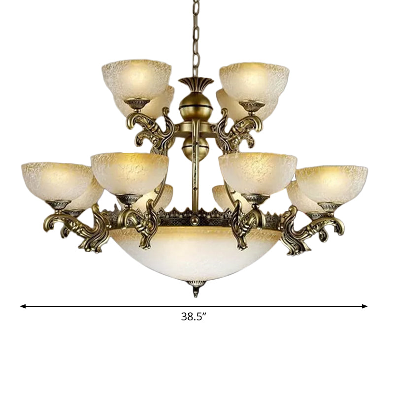 Frosted Patterned Glass Bowl Drop Lamp Rustic 15-Light Living Room Ceiling Chandelier in Bronze Clearhalo 'Ceiling Lights' 'Chandeliers' Lighting' options 1969796