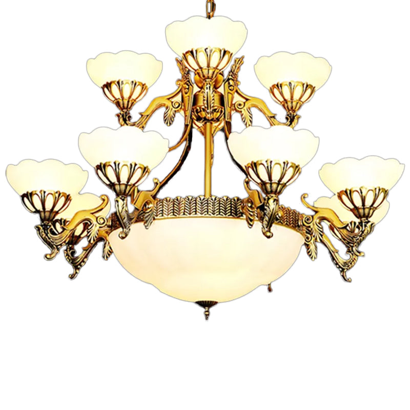 15 Bulbs 2-Tiered Scalloped Chandelier Traditional Brass Cream Glass Hanging Lamp for Living Room Clearhalo 'Ceiling Lights' 'Chandeliers' Lighting' options 1969797