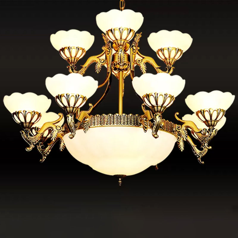 15 Bulbs 2-Tiered Scalloped Chandelier Traditional Brass Cream Glass Hanging Lamp for Living Room Clearhalo 'Ceiling Lights' 'Chandeliers' Lighting' options 1969799