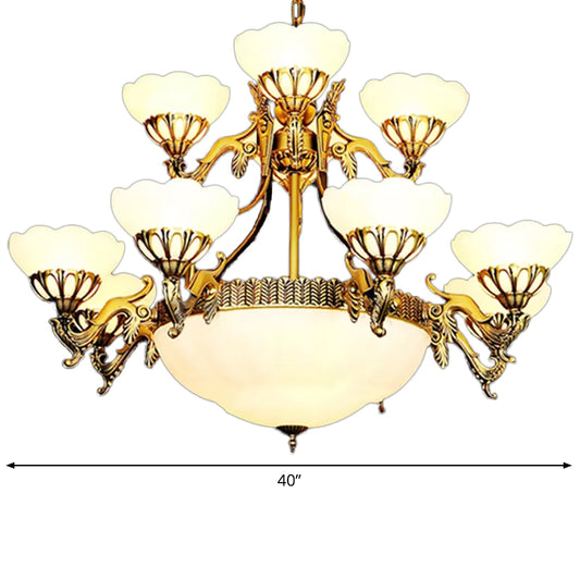 15 Bulbs 2-Tiered Scalloped Chandelier Traditional Brass Cream Glass Hanging Lamp for Living Room Clearhalo 'Ceiling Lights' 'Chandeliers' Lighting' options 1969800