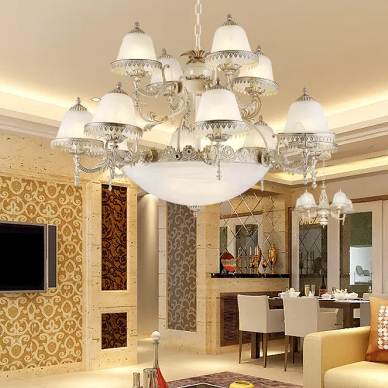 Frosted Glass White Chandelier Tiered Bell Shaped 15-Light Country Style Hanging Light White Clearhalo 'Ceiling Lights' 'Chandeliers' Lighting' options 1969801_4e454d6c-e619-4777-99ef-ae925ab469af