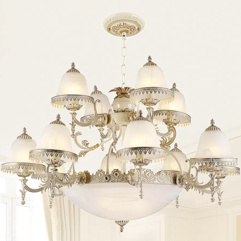 Frosted Glass White Chandelier Tiered Bell Shaped 15-Light Country Style Hanging Light Clearhalo 'Ceiling Lights' 'Chandeliers' Lighting' options 1969802