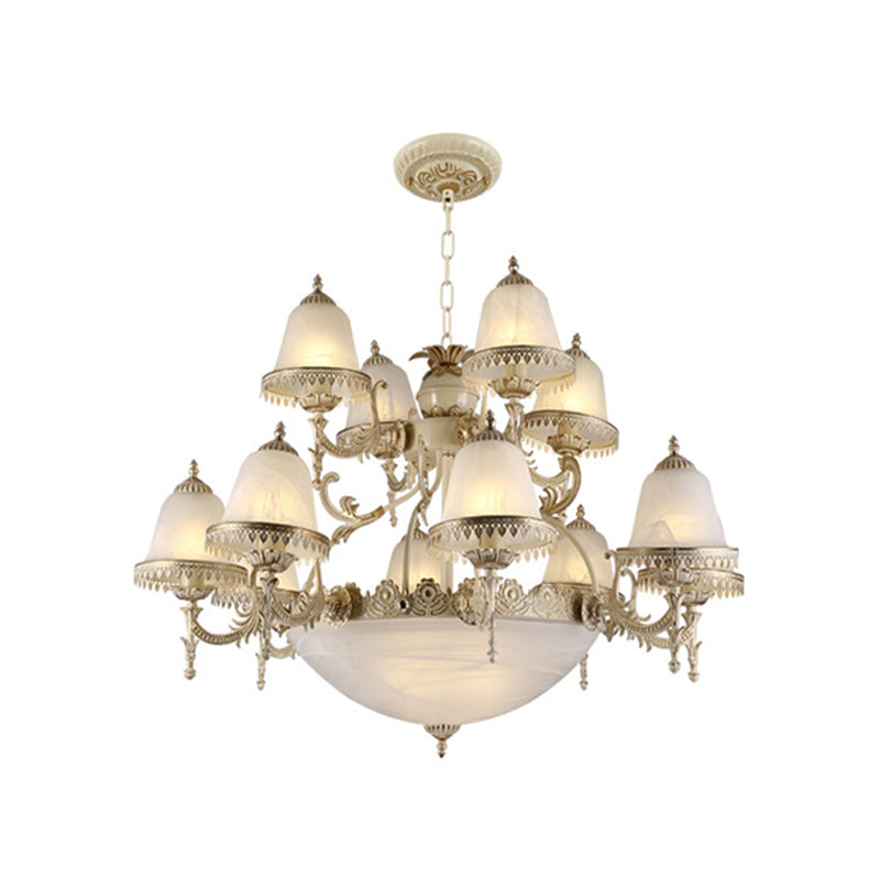 Frosted Glass White Chandelier Tiered Bell Shaped 15-Light Country Style Hanging Light Clearhalo 'Ceiling Lights' 'Chandeliers' Lighting' options 1969803