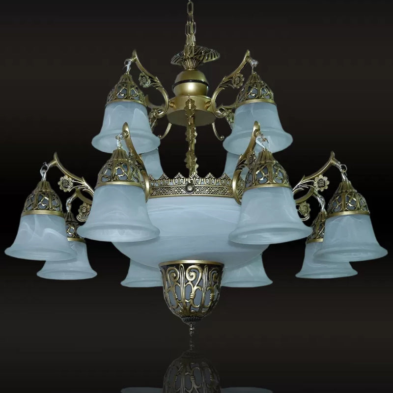 2-Tier Bell Yellow Glass Down Chandelier Farmhouse 15 Heads Dining Room Ceiling Pendant in Brass Clearhalo 'Ceiling Lights' 'Chandeliers' Lighting' options 1969805