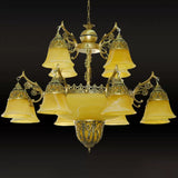 2-Tier Bell Yellow Glass Down Chandelier Farmhouse 15 Heads Dining Room Ceiling Pendant in Brass Clearhalo 'Ceiling Lights' 'Chandeliers' Lighting' options 1969806