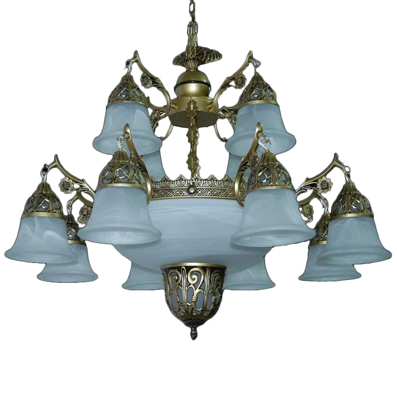 2-Tier Bell Yellow Glass Down Chandelier Farmhouse 15 Heads Dining Room Ceiling Pendant in Brass Clearhalo 'Ceiling Lights' 'Chandeliers' Lighting' options 1969807