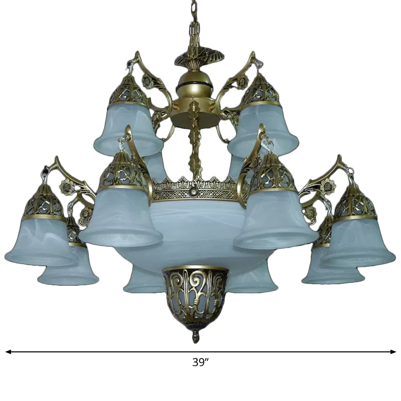 2-Tier Bell Yellow Glass Down Chandelier Farmhouse 15 Heads Dining Room Ceiling Pendant in Brass Clearhalo 'Ceiling Lights' 'Chandeliers' Lighting' options 1969808