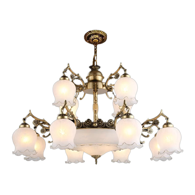 Bronze 15 Lights Chandelier Rural Opal Glass Tiered Flowerbud Shaped Drop Lamp for Restaurant Clearhalo 'Ceiling Lights' 'Chandeliers' Lighting' options 1969809