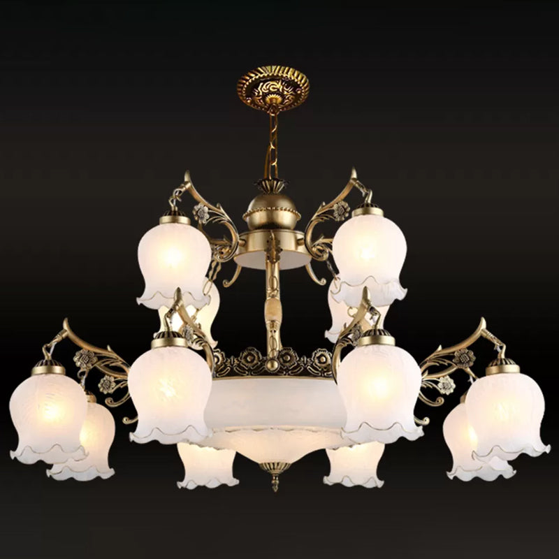 Bronze 15 Lights Chandelier Rural Opal Glass Tiered Flowerbud Shaped Drop Lamp for Restaurant Clearhalo 'Ceiling Lights' 'Chandeliers' Lighting' options 1969810