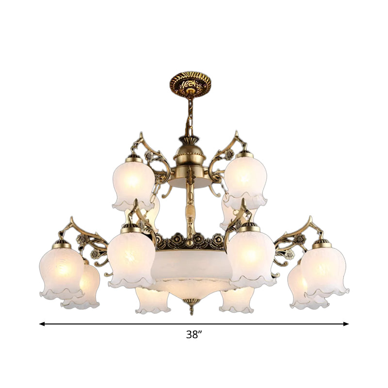 Bronze 15 Lights Chandelier Rural Opal Glass Tiered Flowerbud Shaped Drop Lamp for Restaurant Clearhalo 'Ceiling Lights' 'Chandeliers' Lighting' options 1969811