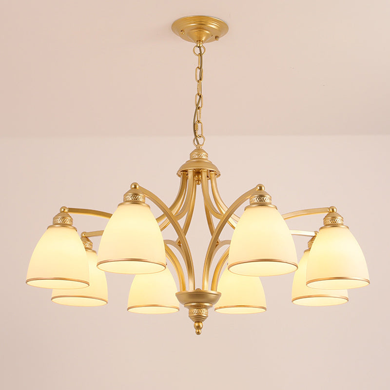 6/8 Lights Chandelier Retro Cylinder/Bell Clear Crystal/White Glass Hanging Pendant in Black/Gold for Living Room 8 Gold White Clearhalo 'Ceiling Lights' 'Chandeliers' Lighting' options 1969826_77595cfb-ebe9-4e7e-891a-a79aa3fb9c4b