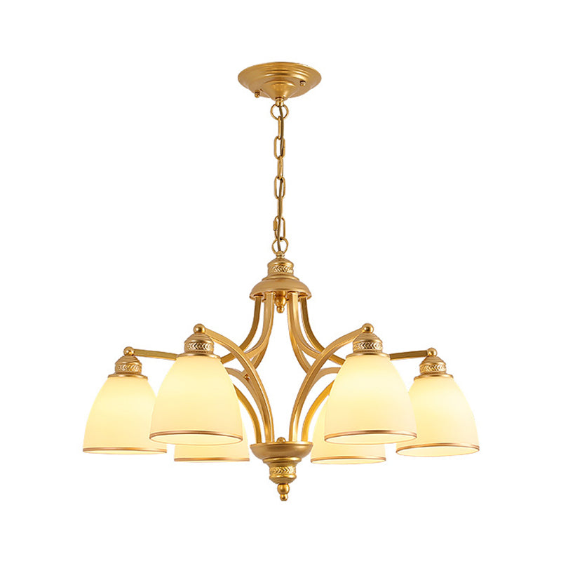 6/8 Lights Chandelier Retro Cylinder/Bell Clear Crystal/White Glass Hanging Pendant in Black/Gold for Living Room 6 Gold White Clearhalo 'Ceiling Lights' 'Chandeliers' Lighting' options 1969830_9dcc7ff9-172f-4700-984f-1b687afcbaef