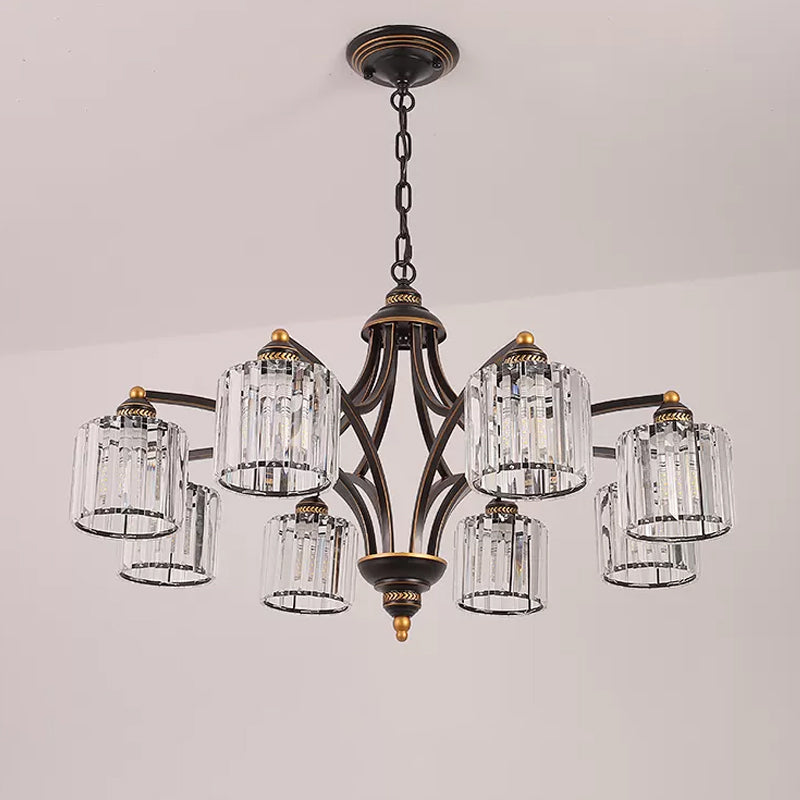 6/8 Lights Chandelier Retro Cylinder/Bell Clear Crystal/White Glass Hanging Pendant in Black/Gold for Living Room Clearhalo 'Ceiling Lights' 'Chandeliers' Lighting' options 1969833