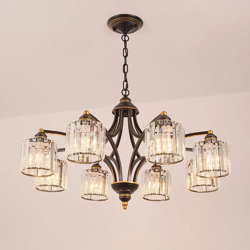 6/8 Lights Chandelier Retro Cylinder/Bell Clear Crystal/White Glass Hanging Pendant in Black/Gold for Living Room Clearhalo 'Ceiling Lights' 'Chandeliers' Lighting' options 1969834