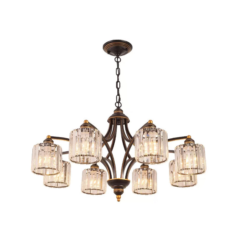 6/8 Lights Chandelier Retro Cylinder/Bell Clear Crystal/White Glass Hanging Pendant in Black/Gold for Living Room Clearhalo 'Ceiling Lights' 'Chandeliers' Lighting' options 1969835