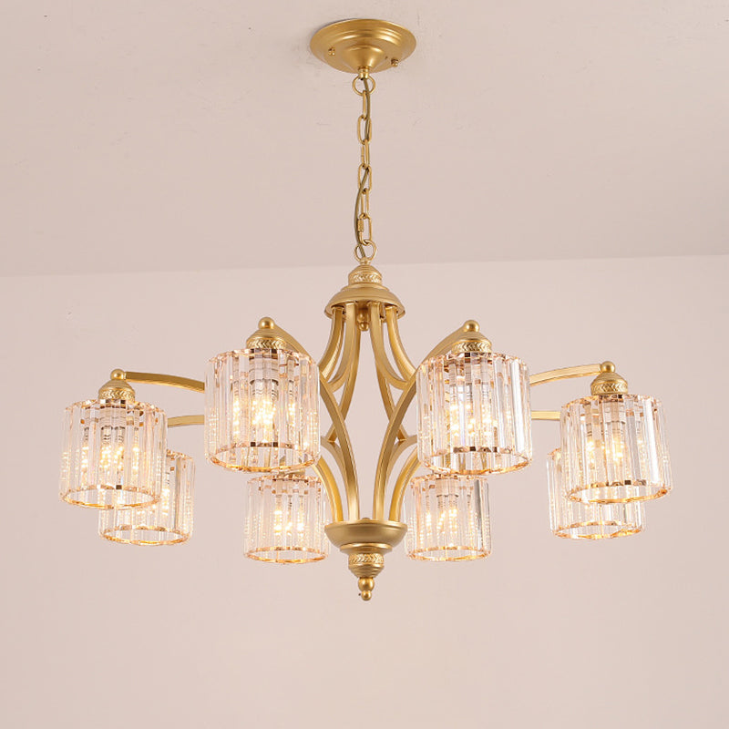 6/8 Lights Chandelier Retro Cylinder/Bell Clear Crystal/White Glass Hanging Pendant in Black/Gold for Living Room Clearhalo 'Ceiling Lights' 'Chandeliers' Lighting' options 1969836