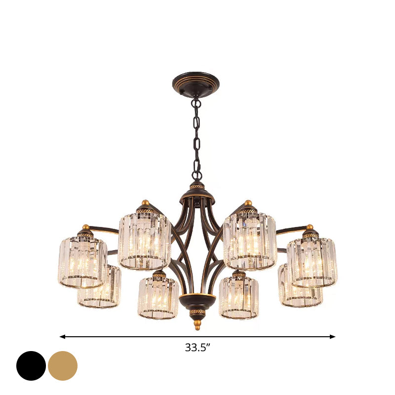 6/8 Lights Chandelier Retro Cylinder/Bell Clear Crystal/White Glass Hanging Pendant in Black/Gold for Living Room Clearhalo 'Ceiling Lights' 'Chandeliers' Lighting' options 1969837