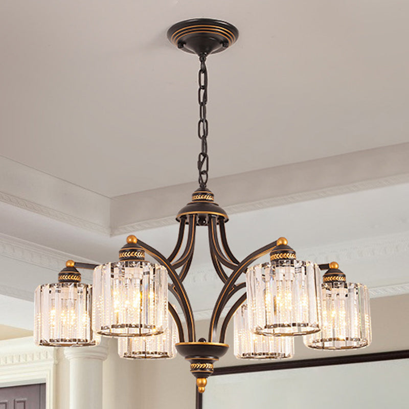 6/8 Lights Chandelier Retro Cylinder/Bell Clear Crystal/White Glass Hanging Pendant in Black/Gold for Living Room Clearhalo 'Ceiling Lights' 'Chandeliers' Lighting' options 1969838