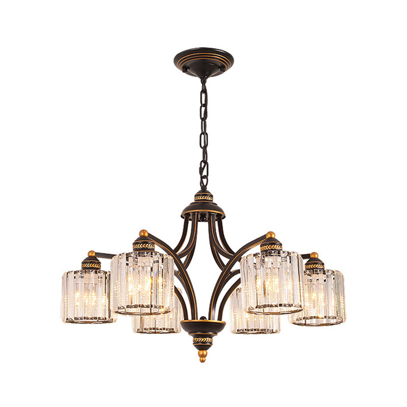 6/8 Lights Chandelier Retro Cylinder/Bell Clear Crystal/White Glass Hanging Pendant in Black/Gold for Living Room Clearhalo 'Ceiling Lights' 'Chandeliers' Lighting' options 1969839