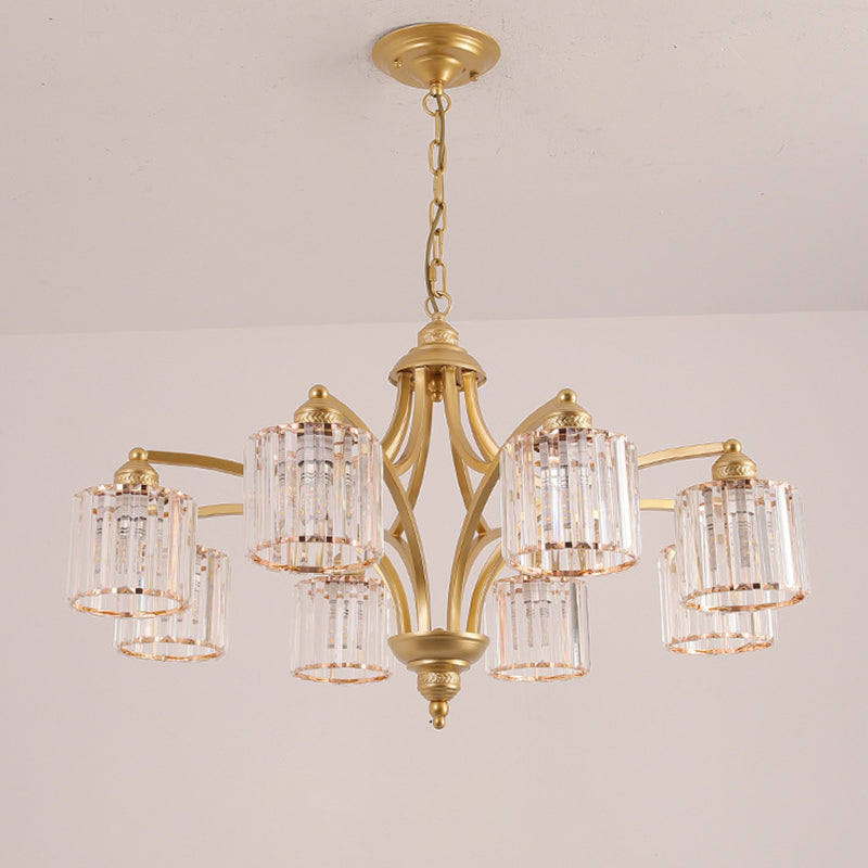 6/8 Lights Chandelier Retro Cylinder/Bell Clear Crystal/White Glass Hanging Pendant in Black/Gold for Living Room Clearhalo 'Ceiling Lights' 'Chandeliers' Lighting' options 1969840