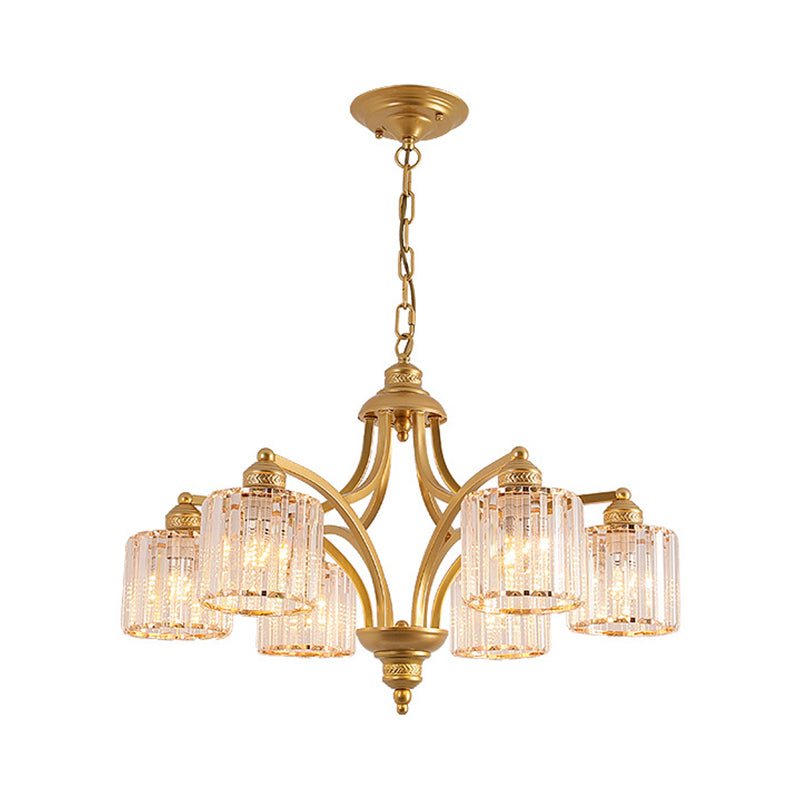 6/8 Lights Chandelier Retro Cylinder/Bell Clear Crystal/White Glass Hanging Pendant in Black/Gold for Living Room 6 Gold Clear Clearhalo 'Ceiling Lights' 'Chandeliers' Lighting' options 1969842_57001951-f55d-4280-8fd1-c7888e04009f