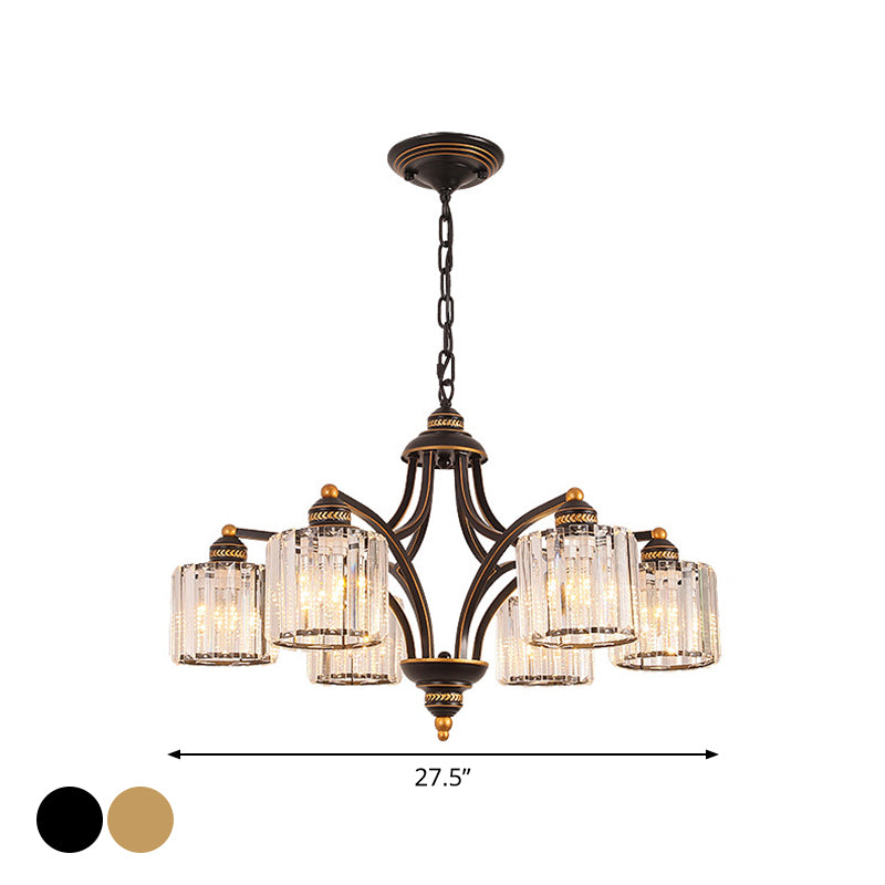 6/8 Lights Chandelier Retro Cylinder/Bell Clear Crystal/White Glass Hanging Pendant in Black/Gold for Living Room Clearhalo 'Ceiling Lights' 'Chandeliers' Lighting' options 1969843