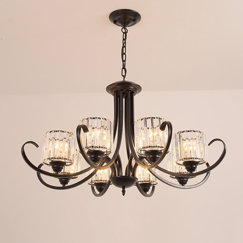 Cylinder Living Room Chandelier Vintage Clear Crystal 6/8 Heads Black/Gold Pendant Lighting with Scroll Arm Clearhalo 'Ceiling Lights' 'Chandeliers' Lighting' options 1969844