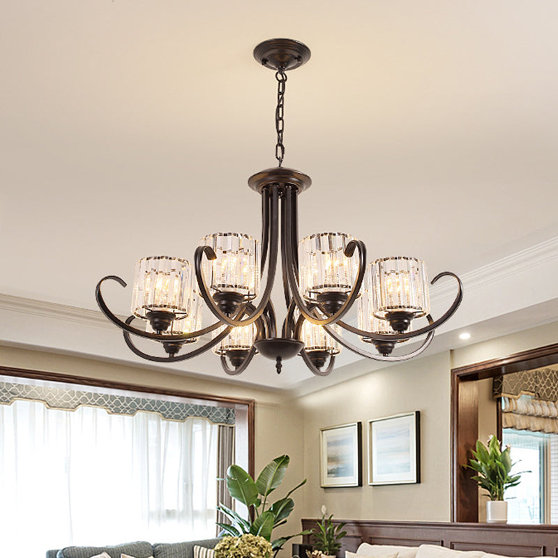 Cylinder Living Room Chandelier Vintage Clear Crystal 6/8 Heads Black/Gold Pendant Lighting with Scroll Arm Clearhalo 'Ceiling Lights' 'Chandeliers' Lighting' options 1969845