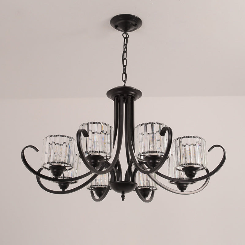 Cylinder Living Room Chandelier Vintage Clear Crystal 6/8 Heads Black/Gold Pendant Lighting with Scroll Arm Clearhalo 'Ceiling Lights' 'Chandeliers' Lighting' options 1969846