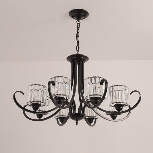 Cylinder Living Room Chandelier Vintage Clear Crystal 6/8 Heads Black/Gold Pendant Lighting with Scroll Arm Clearhalo 'Ceiling Lights' 'Chandeliers' Lighting' options 1969846