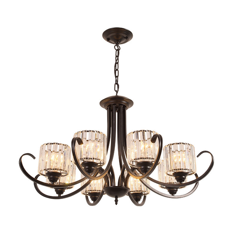 Cylinder Living Room Chandelier Vintage Clear Crystal 6/8 Heads Black/Gold Pendant Lighting with Scroll Arm Clearhalo 'Ceiling Lights' 'Chandeliers' Lighting' options 1969847